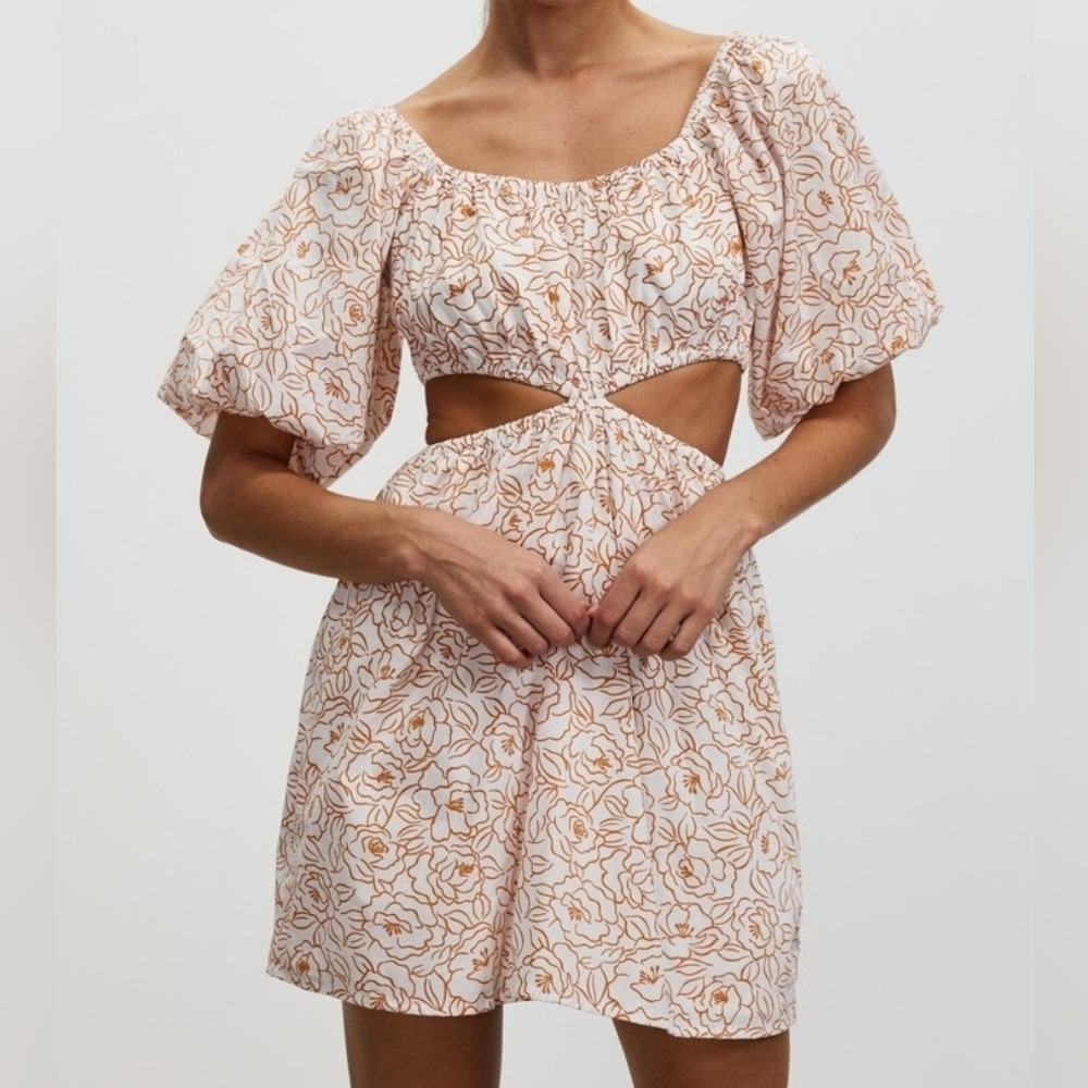 Faithfull The Brand Orange White Gabelli Mini Dress Puff Sleeves Size Large